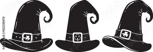 Three black witch hats with buckles silhouette