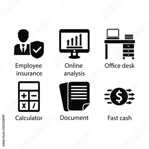 Employee insurance, Online analysis, Office desk, Calculator, Document, Fast cash, icon
