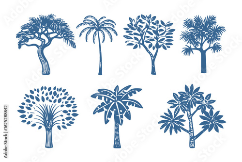 Botanical Harmony: An illustrative array of diverse trees elegantly rendered in a monochromatic blue, capturing the essence of arboreal diversity