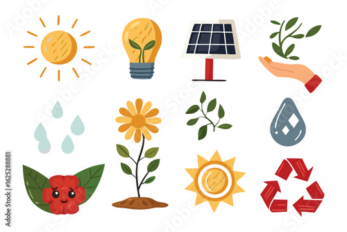 Eco-Friendly Icons: A collection of vibrant graphic icons representing sustainability, renewable energy, and environmental consciousness, each design radiates a commitment to a greener tomorrow. 
