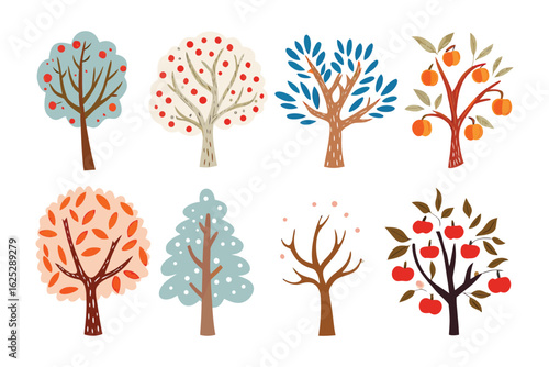 Tree Illustration: A collection of vibrant, stylized tree illustrations showcases the diversity and beauty of arboreal forms, perfect for enhancing any design with a touch of nature's elegance.
