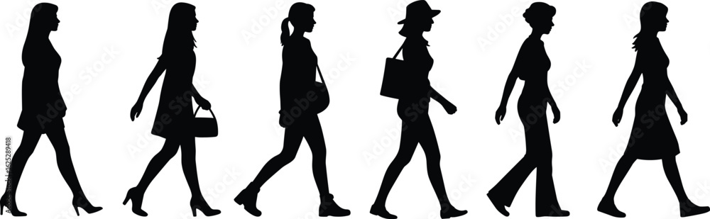 Fototapeta premium Silhouette walking people, various outfits and postures, side profile view, fashion styles, diverse motion, casual wear, vector illustration, human activity graphic.