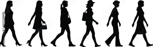 Silhouette walking people, various outfits and postures, side profile view, fashion styles, diverse motion, casual wear, vector illustration, human activity graphic.