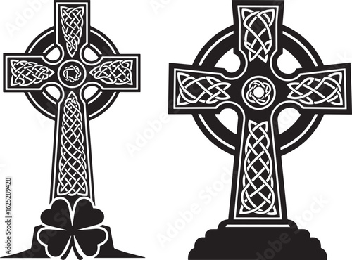 Two ornate celtic crosses with clover silhouette