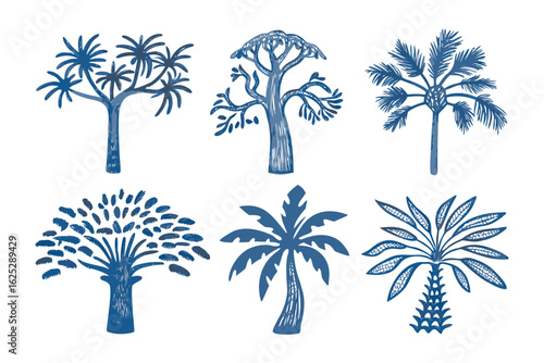 Botanical Ensemble: A collection of intricately illustrated trees of various types, showcasing botanical artistry and plant diversity.