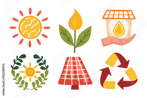 Eco-Friendly Symbolism: A vibrant collection of environmentally conscious symbols representing sustainable living, renewable energy sources, and the protection of our planet.
