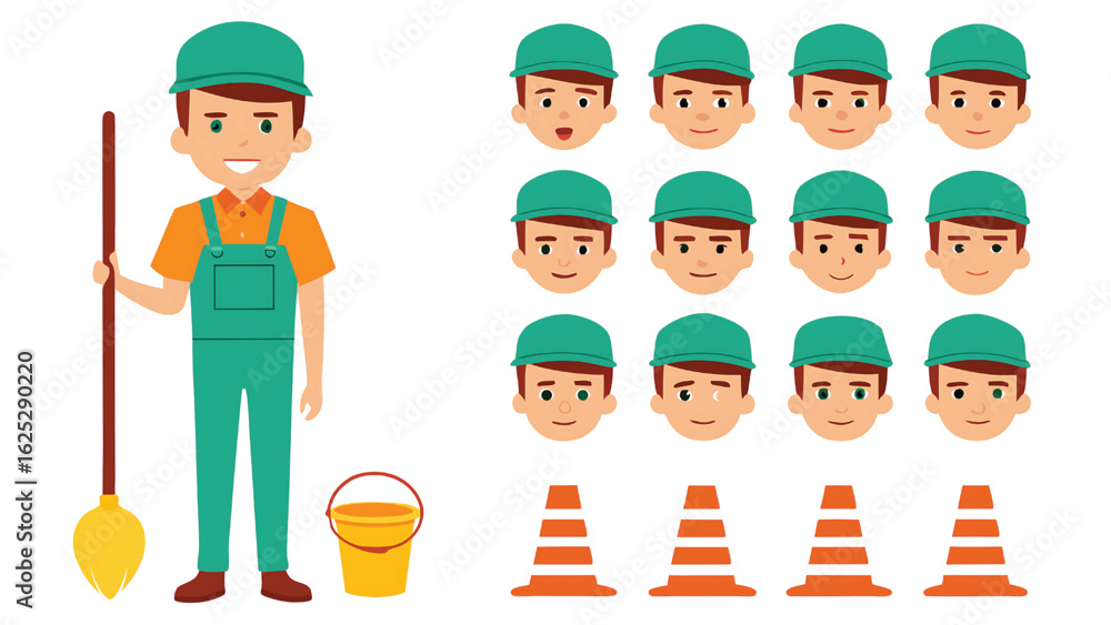 Cartoon Character of a Cleaner with Various Facial Expressions and Traffic Cones Ideal for Cleaning Service Marketing and Educational Material Cartoon Character of a Cleaner with Various Facial Expressions and Traffic Cones Ideal for Cleaning Service Marketing and Educational Material