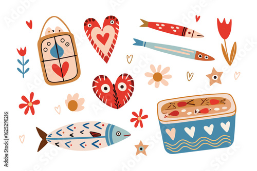 Folk Art Collection: A vibrant assemblage of folk art elements, including hearts, fishes, and flowers, is meticulously presented in a meticulously composed illustration.