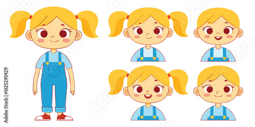 Cartoon girl with blond hair in different poses and expressions vector illustration set cheerful and playful children characters concept