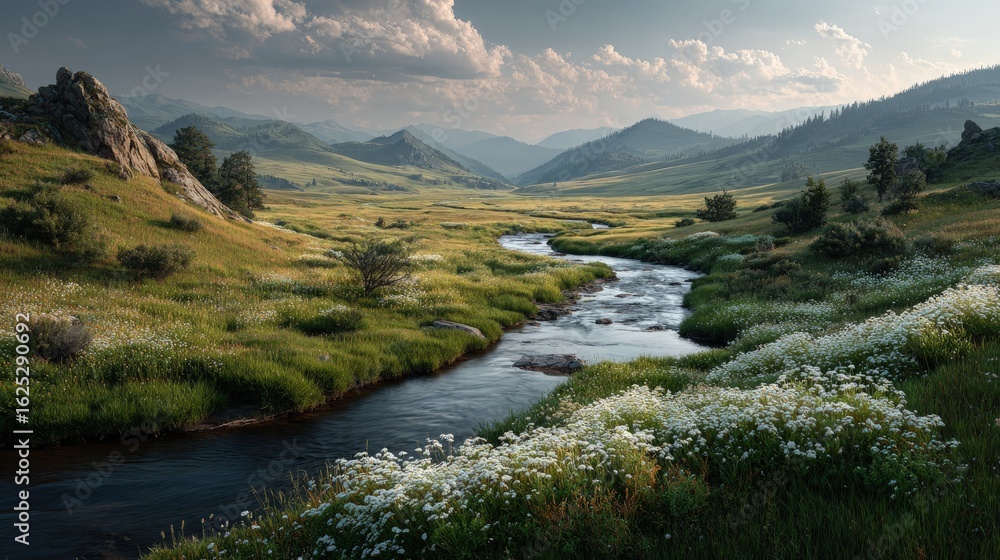 Fototapeta premium Peaceful river meanders through rolling hills scenic landscape with wildflowers grazing deer and soft morning light