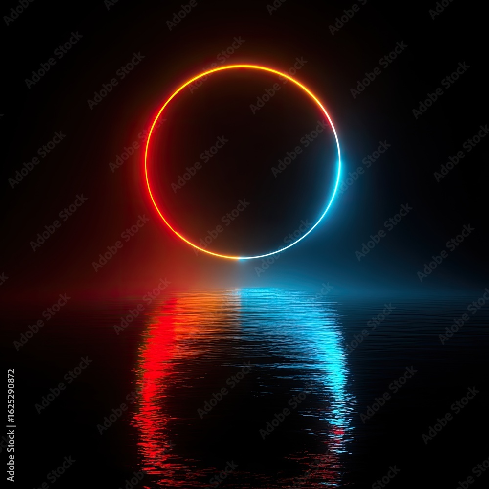 Obraz premium Neon circle over water reflection