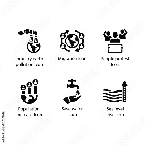 Earth pollution, Migration, People protest, Population increase, Save water, Sea level rise, icon