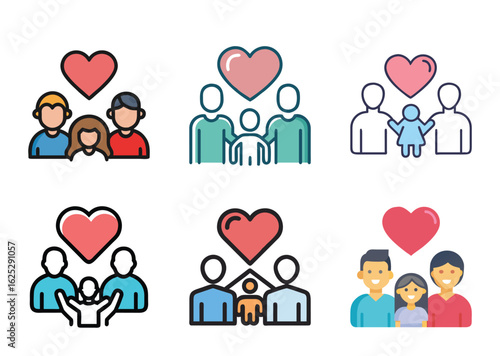 Diverse family icons with hearts symbolizing love and family connections