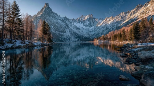 Drone shot of a tranquil lake at dawn mirror-like surface reflecting towering snowy peaks in the scenic landscape