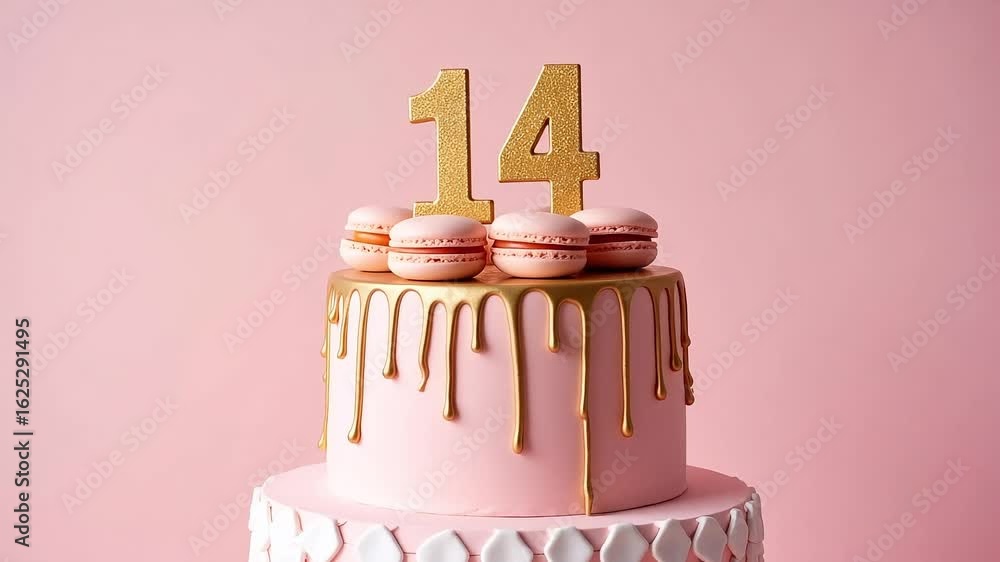 Elegant pink drip cake with macarons and gold '14' topper celebrates a ...