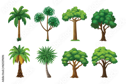 Variety of Trees: A collection of diverse and vibrant trees in a colorful illustration style. showcasin a multitude of tree varieties, perfect for environmental and botanical concepts.