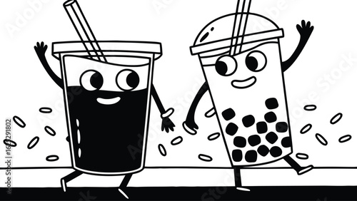 Vector illustration of a cold cola glass with a red straw and ice cubes on a white background