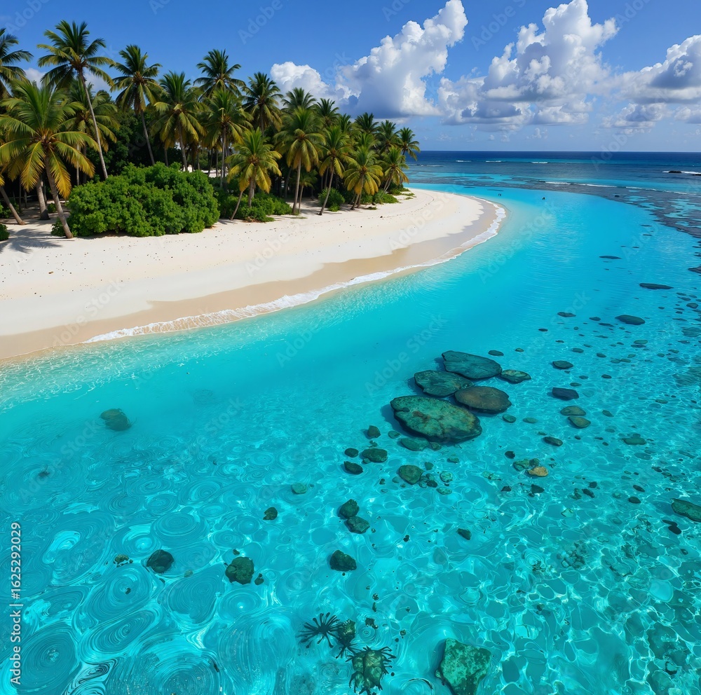 Fototapeta premium A stunning tropical beach with crystalclear turquoise waters, surrounded by palm trees and a pristine white sand shoreline 