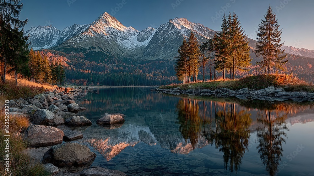 Fototapeta premium Serene mountain landscape at dusk a perfectly still lake mirroring snow-capped peaks beautiful reflection doubling the golden sunset colors