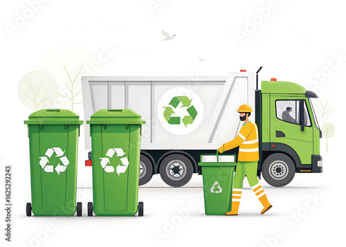 Waste Management and Recycling Services with Green Recycle Bins and a Sanitation Worker Promoting Sustainability and Environmental Responsibility