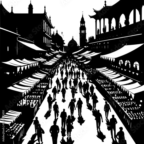  Vector silhouette of a bustling marketplace with stalls and people