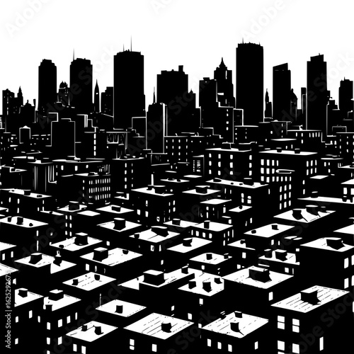 Vector silhouette of a dense urban block with varied rooftops