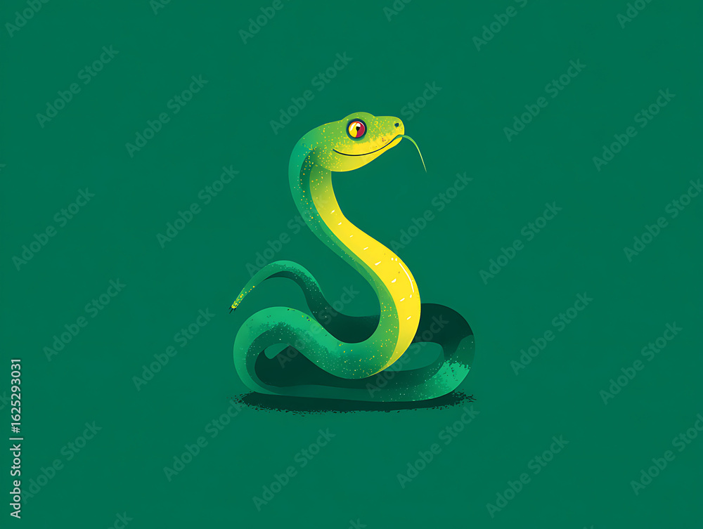 Naklejka premium A striking stylized illustration of a vibrant green snake, coiling gracefully on a shaded surface. Evoking curiosity and a sense of primal elegance, with bold colors and clean lines.