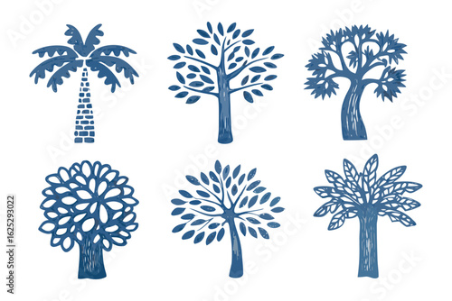 Elegant Grove in Blue: A collection of stylized, elegant trees, rendered in shades of blue against a clean backdrop, showcasing the variety and charm of different arboreal forms.