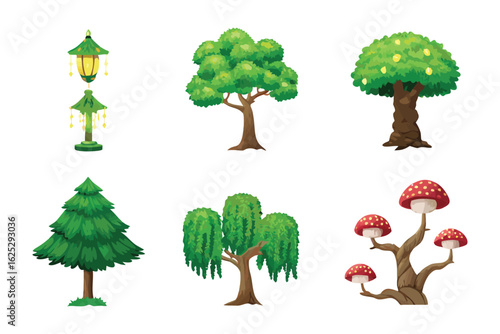 Nature's Artistic Variety: A vibrant collection of meticulously crafted illustrations showcases diverse arboreal forms, from ornate lamp posts to majestic trees.