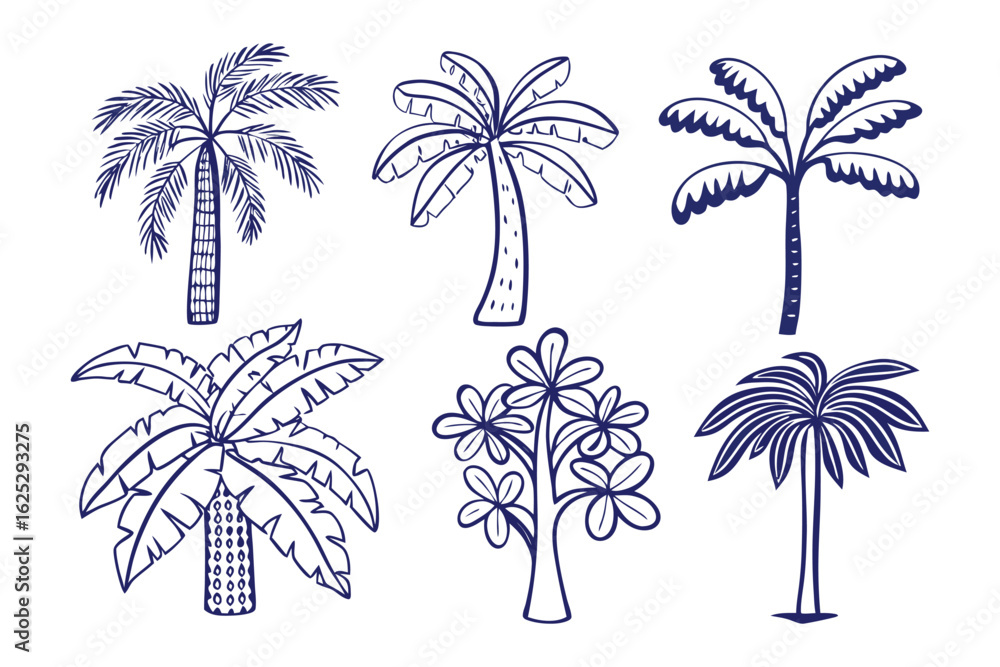 Obraz premium Exotic Palms in Blue Print: A collection of detailed hand-drawn palm illustrations in a refreshing blue hue, perfect for tropical themes and design.