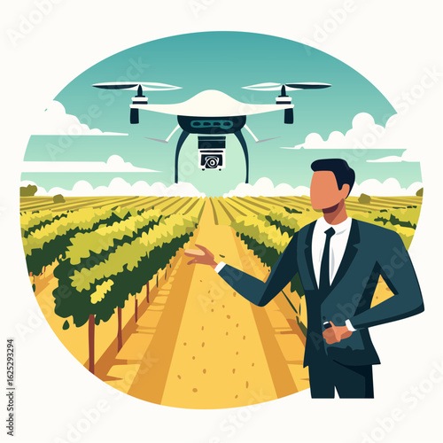 a Manager Wearing Suit Presenting Modern Agriculture With Farmer Drone