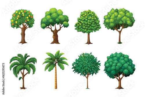 Variety of trees illustrations: An engaging collage of various cartoon-styled trees, showcasing the diversity of arboreal forms and species. From lush leafy crowns to elegant palms.