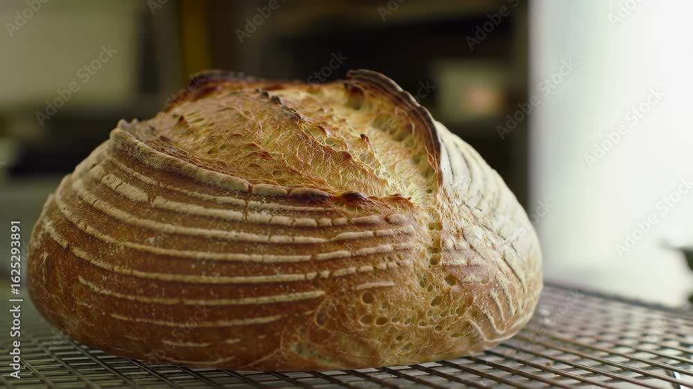 Artisan Sourdough Bread cooling on a wire rack, freshly baked crust ...