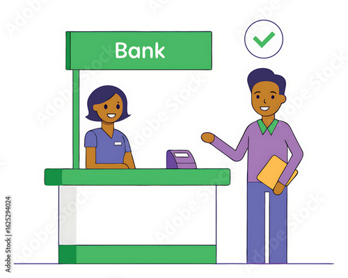 Man interacting with bank teller at counter with checkmark customer transaction