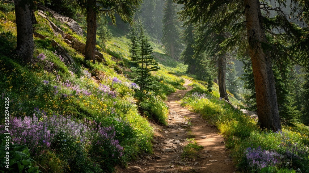 Obraz premium Lush forest scenic landscape in summer wildflowers blooming along a winding dirt path sunlight dappling the vibrant green foliage