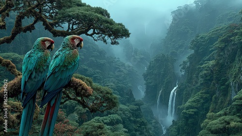 Dense tropical forest scenic landscape vibrant parrots perched on vines a cascading waterfall hidden deep within the emerald jungle