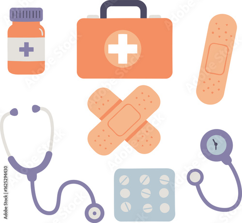 A flat design vector set of essential medical equipment icons for healthcare, including a stethoscope, first aid kit, and bandages