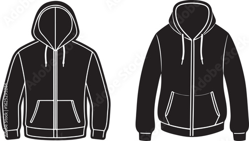 A simple, black and white vector graphic of a hooded zipper jacket.