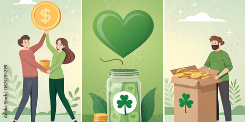 People holding dollar coin and coins in jar and box money