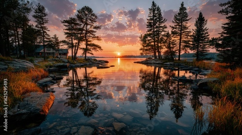 Golden sunset over a vast lake scenic landscape with silhouetted pine trees and a calm mirror-like water surface