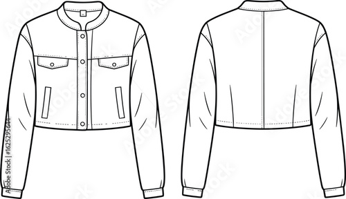 Cropped jacket technical sketch, front back views, button closure layout, round collar design, chest flap pockets, long sleeve fashion mockup, clothing vector template.