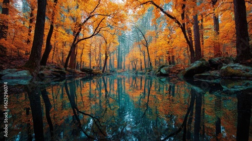 Fototapeta Naklejka Na Ścianę i Meble -  Enchanted forest landscape with a glassy pond vibrant autumn leaves reflecting upside down in the water beautiful and surreal symmetry