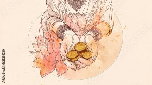 Diwali background with hands offering lotus and gold coins, Hindu goddess Lakshmi blessings concept