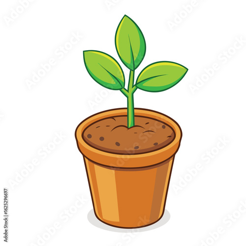 Green sprout growing in terracotta pot plant leaves