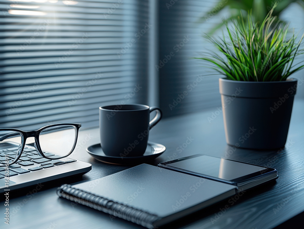 modern office desk with plant, cup, and notebook modern office desk with plant, cup, and notebook