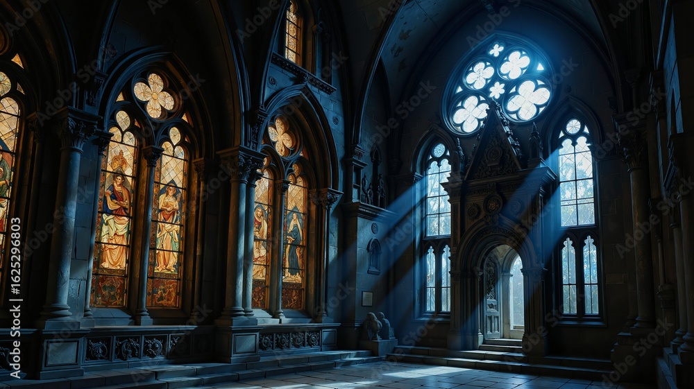 Fototapeta premium A dark, gothic chapel bathed in soft blue light through stained glass windows, casting an ethereal glow on the stone walls and floor