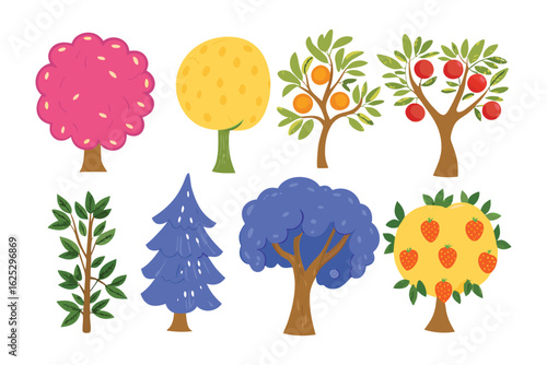Botanical Variety: A vibrant assortment of stylized tree illustrations showcases diverse shapes and forms, symbolizing the beauty and diversity of plant life in a graphic representation.