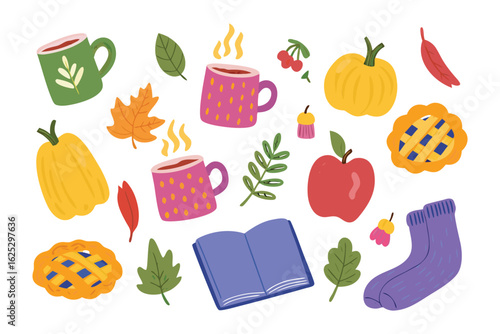 Cozy Autumn Collection: A delightful assortment of warm, inviting autumnal elements, featuring steaming mugs of tea, seasonal pumpkins, fresh fruit, charming autumn leaves, a comforting pie.