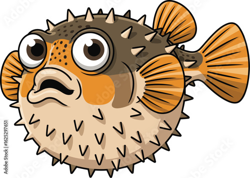 Cartoon pufferfish with spiky skin and wide eyes looking surprised