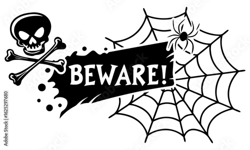 Vintage Woodcut Style Halloween Beware Skull and Spiderweb Illustration